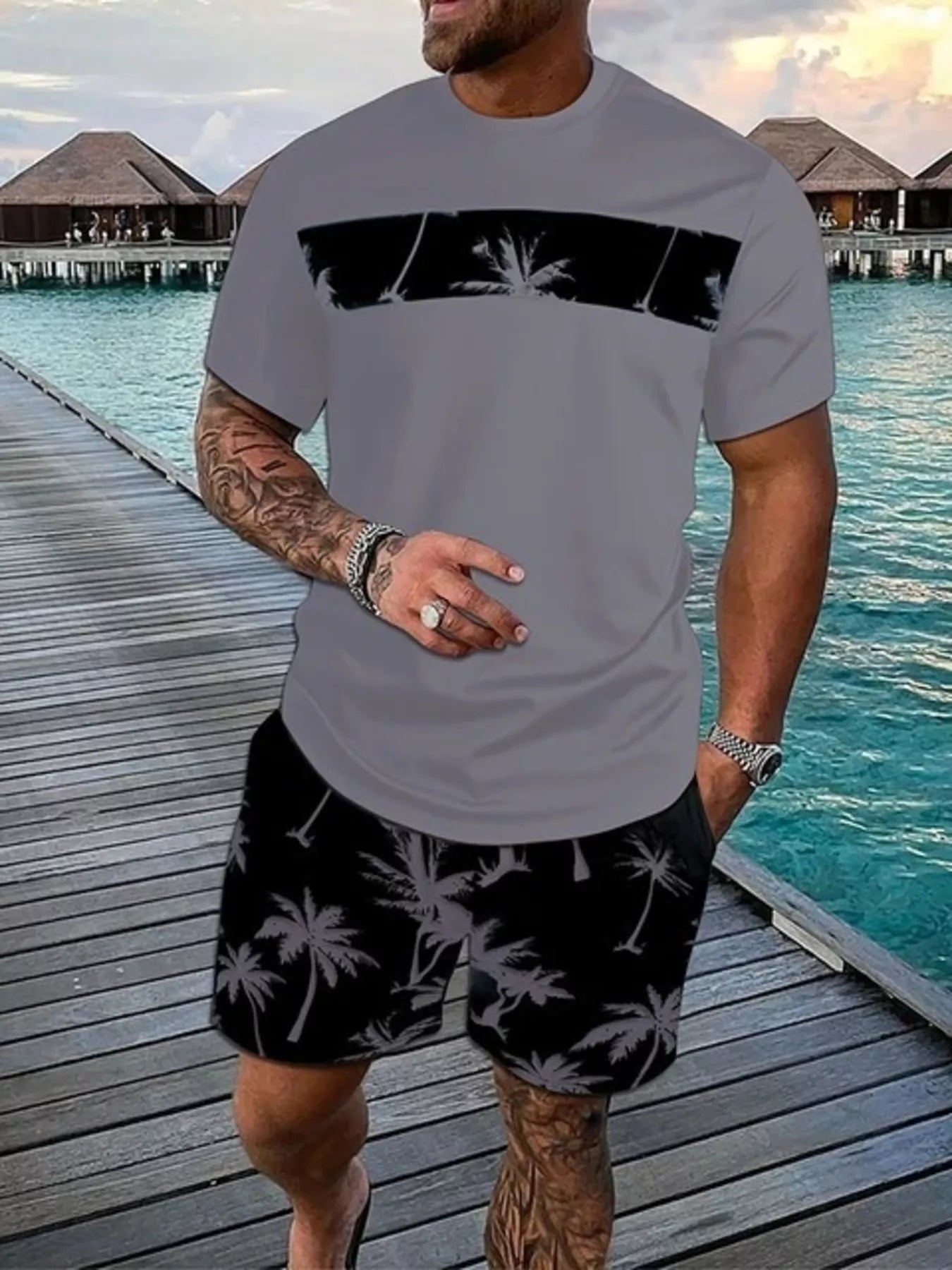 Men's Full Size Tropical Palm Tree Tee and Shorts Set Plus Size