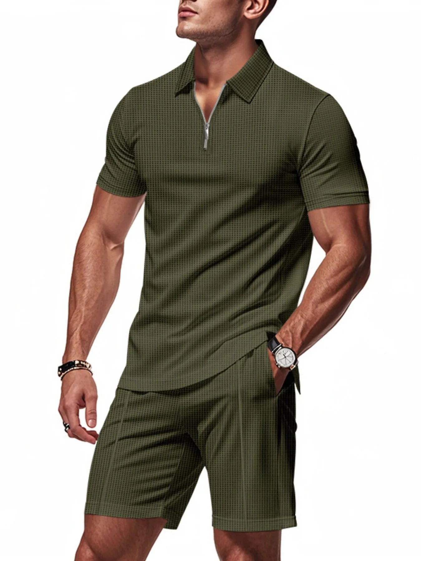 Men's Quarter Zip Short Sleeve Top and Shorts Set