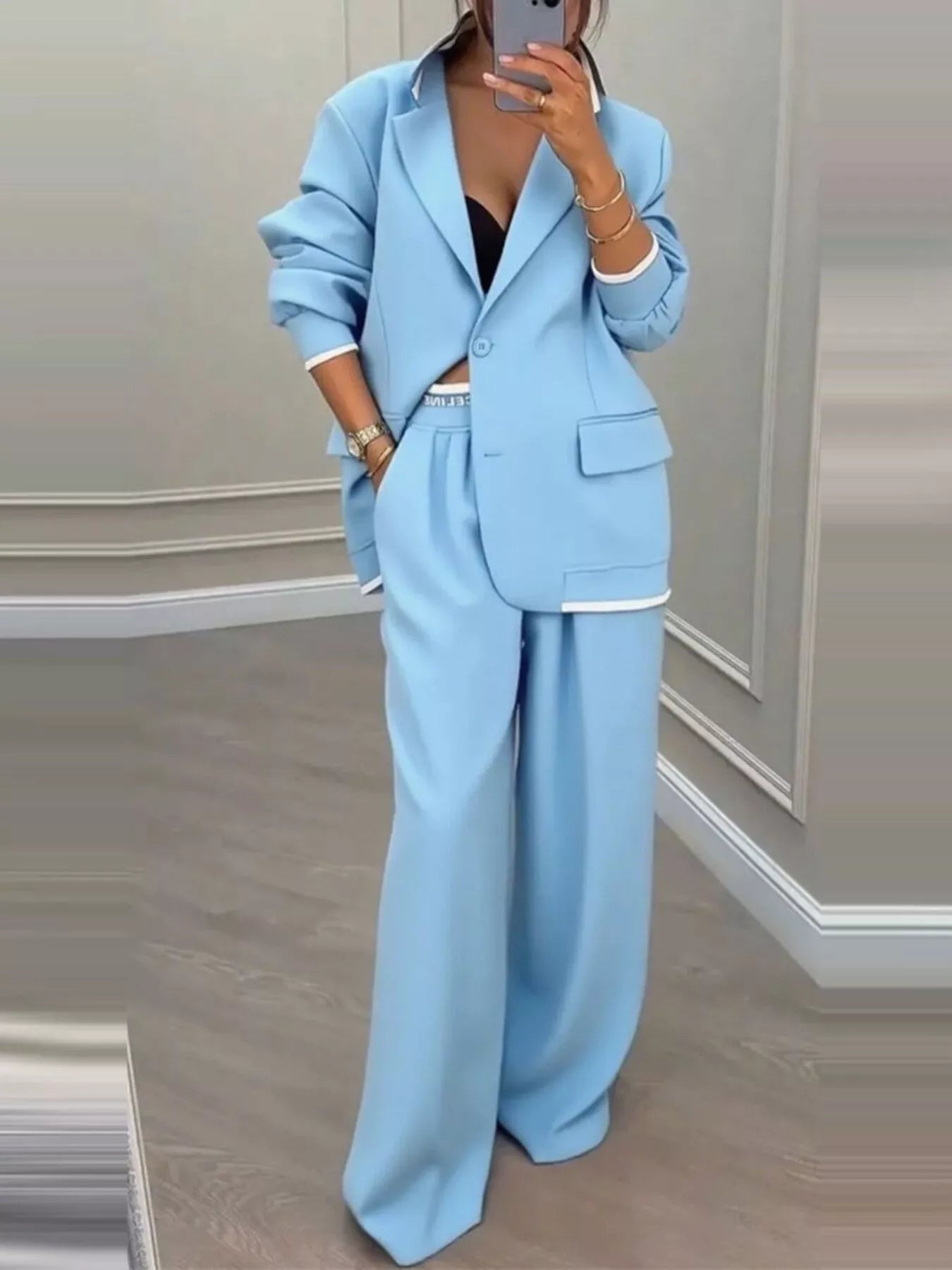 Full Size One Button Blazer & Wide Leg Pants Set Plus Size