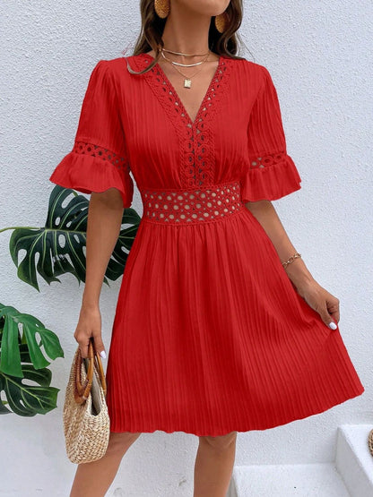 V-Neck Flounce Sleeve Mini Dress