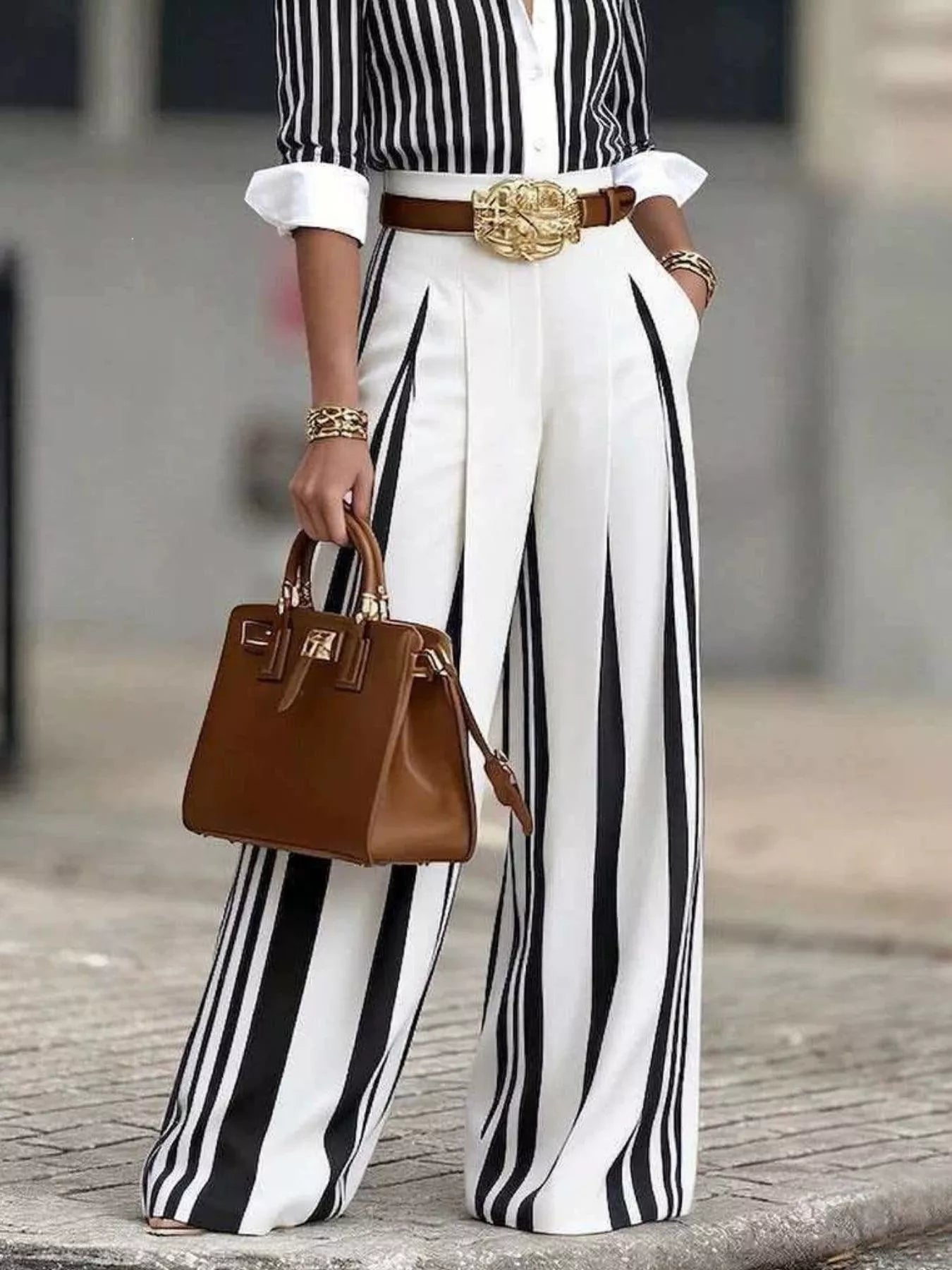 High-Waisted Wide-Leg Striped Pants