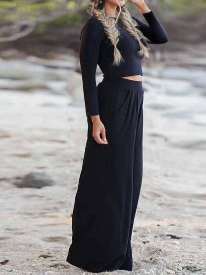 Long Sleeve Crop Top and Wide-Leg Pants Set