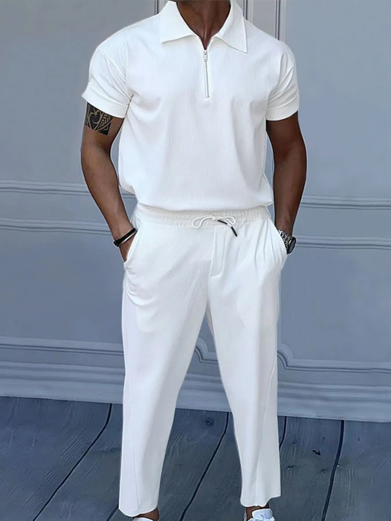 Men's Quarter Zip Short Sleeve Polo and Pants Set