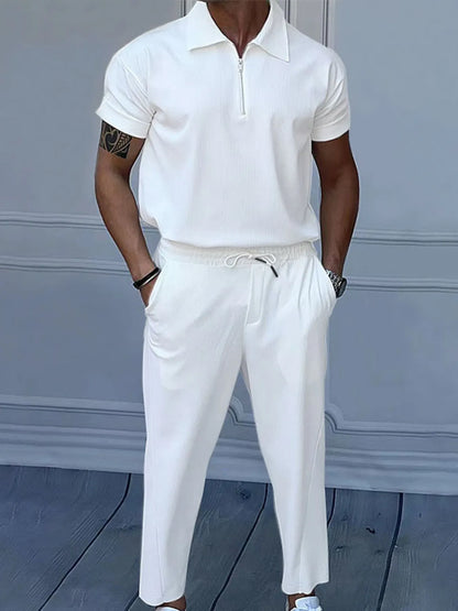 Men's Quarter Zip Short Sleeve Polo and Pants Set