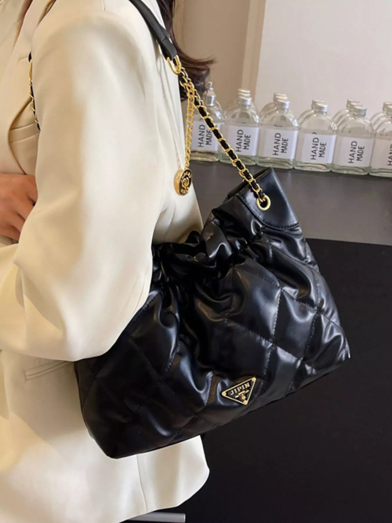 Ruched Leather Shoulder Bag