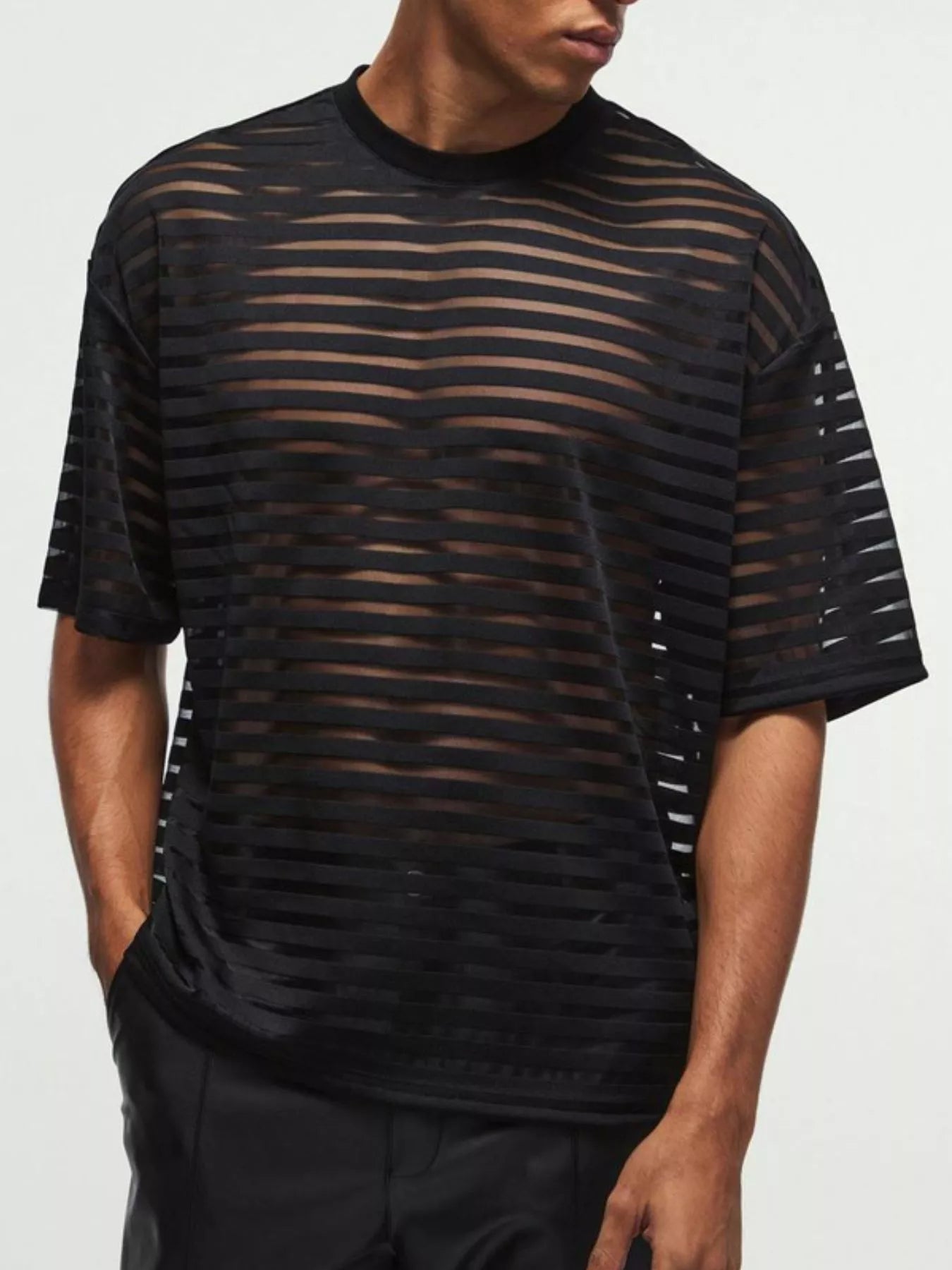 Men's Sheer Striped Round Neck T-Shirt