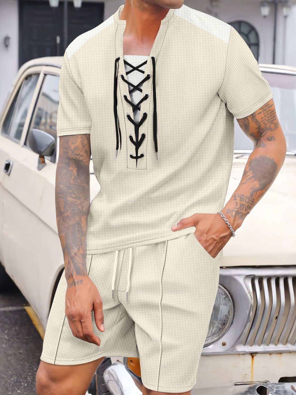 Men's Plus Size Lace-Up Knit Top Shorts Set