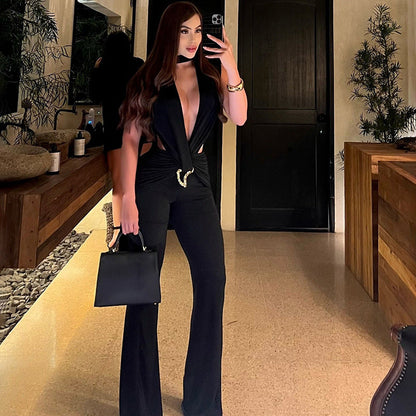 Sleeveless deep V cut hip hugging jumpsuit