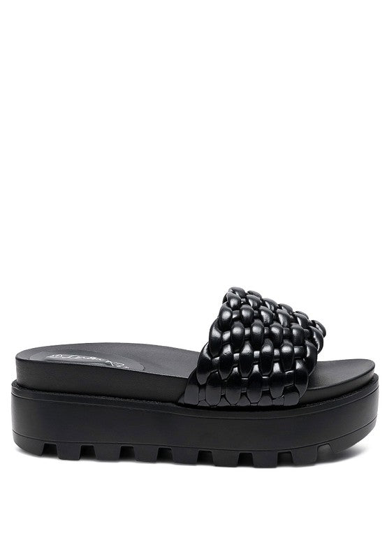 PLATFORM SLIDES WITH WOVEN TEXTURED STRAPS