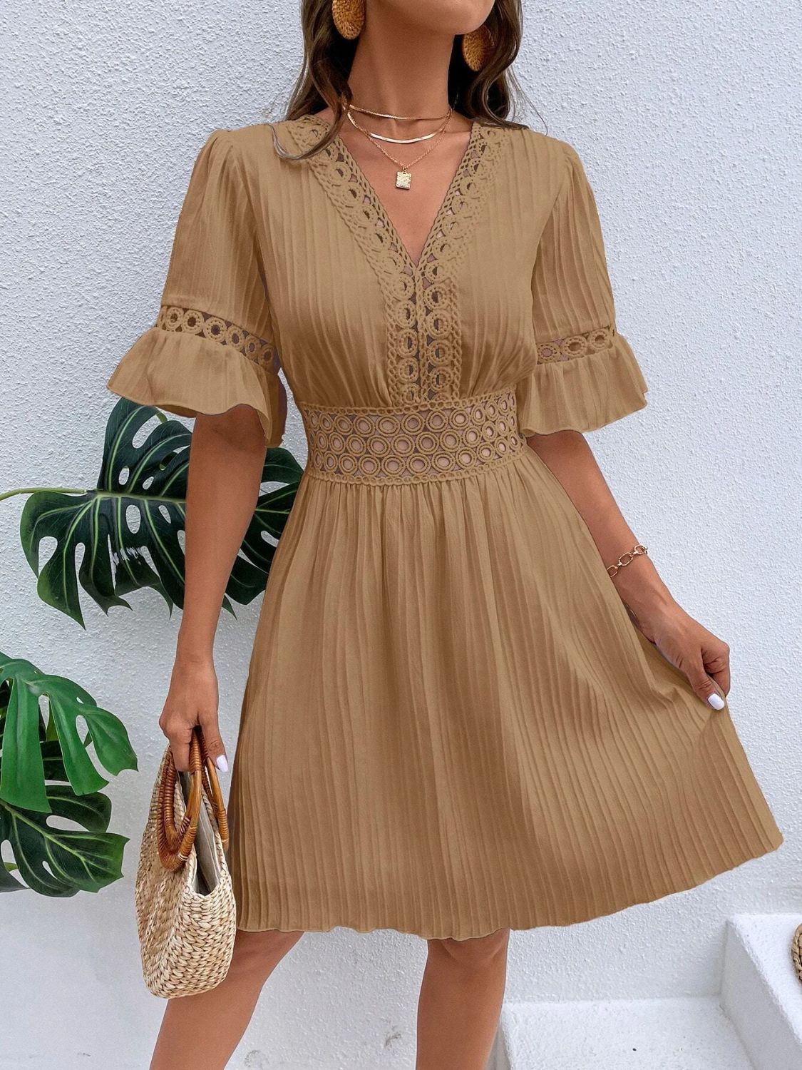 V-Neck Flounce Sleeve Mini Dress