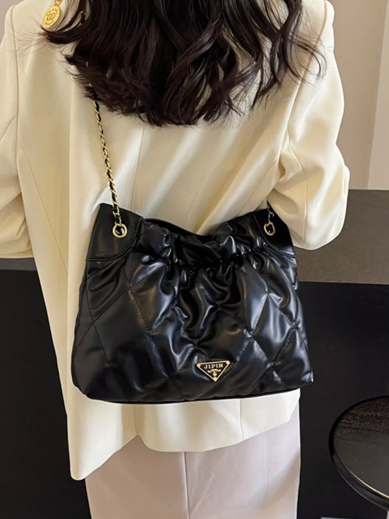Ruched Leather Shoulder Bag