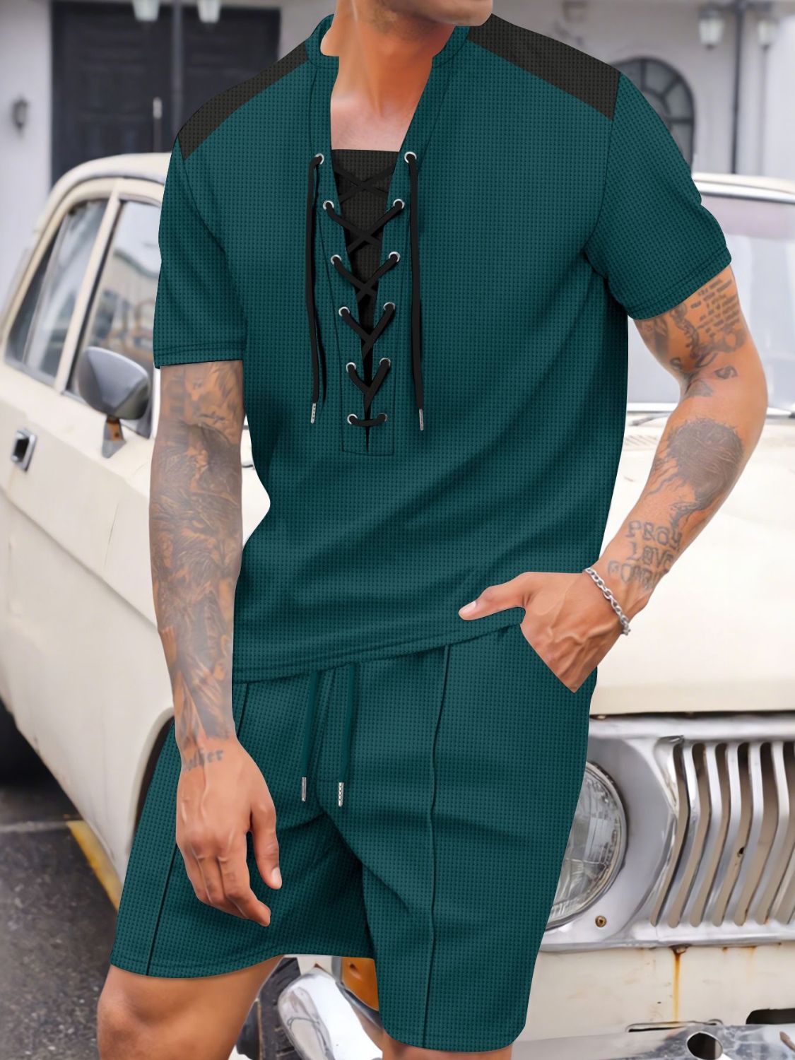 Men's Plus Size Lace-Up Knit Top Shorts Set
