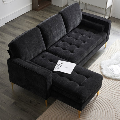 218*141*87cm 3-Seater With Footstool Chenille Rhombus Electroplated Golden Tripod Legs Indoor Modular Sofa Black