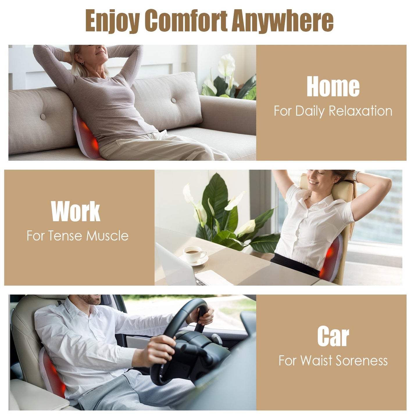 Cordless Lumbar Massager with 4 3D Kneading Nodes & Heating