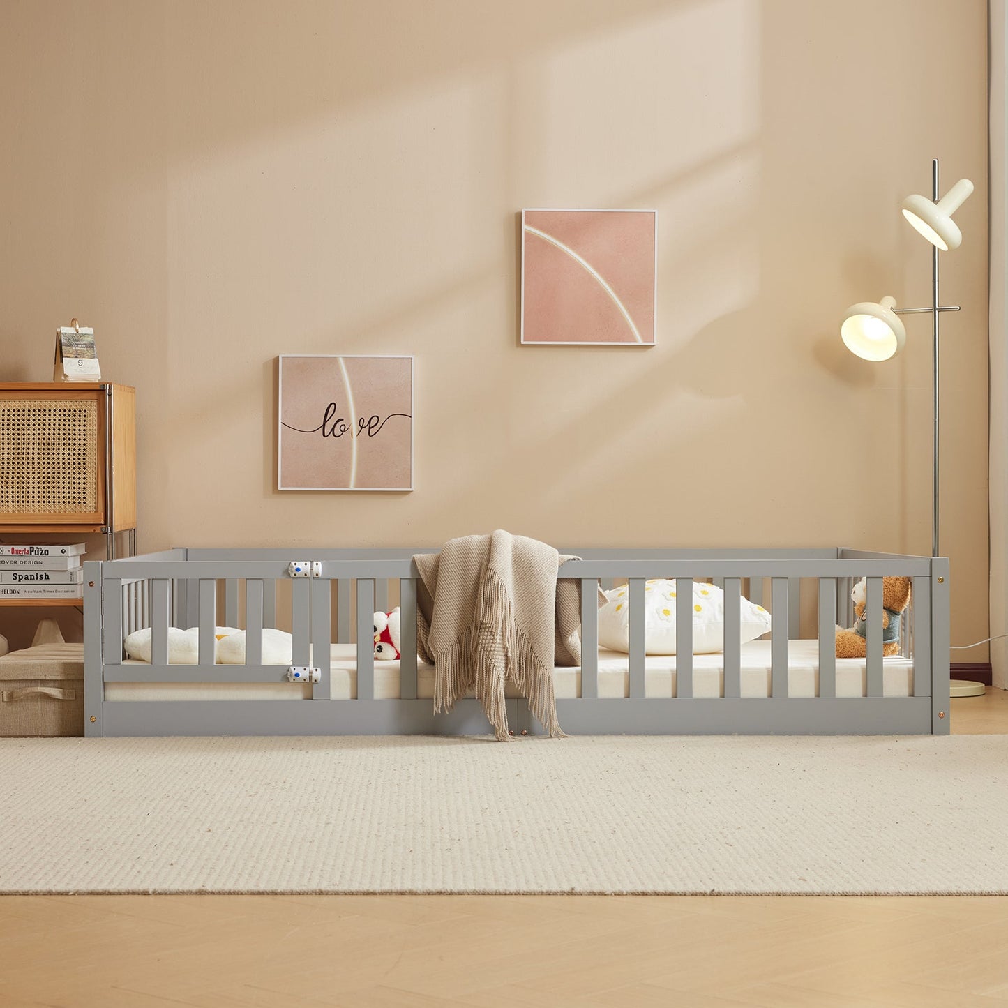 Gray painted pine wood playpen bed