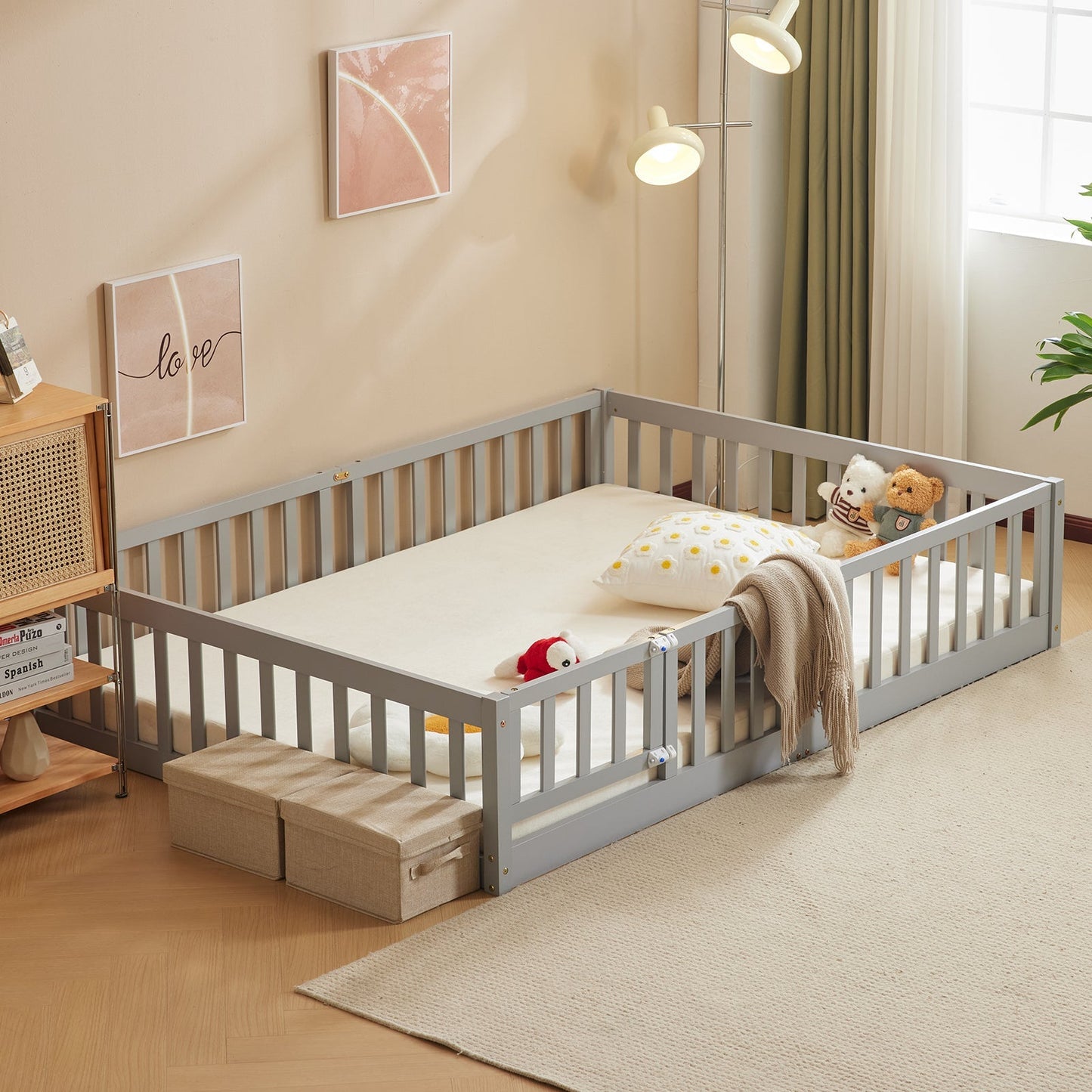Gray painted pine wood playpen bed