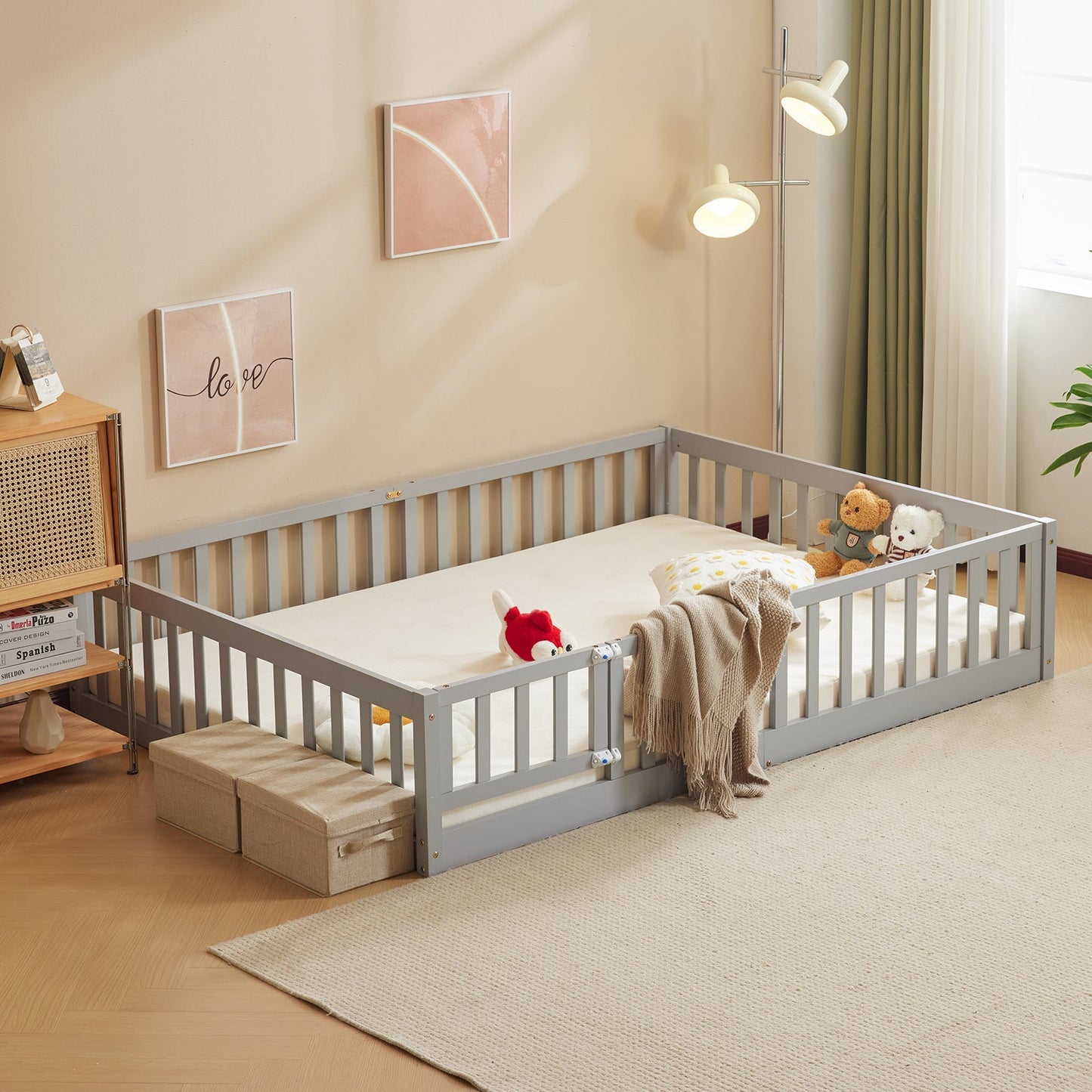Gray painted pine wood playpen bed