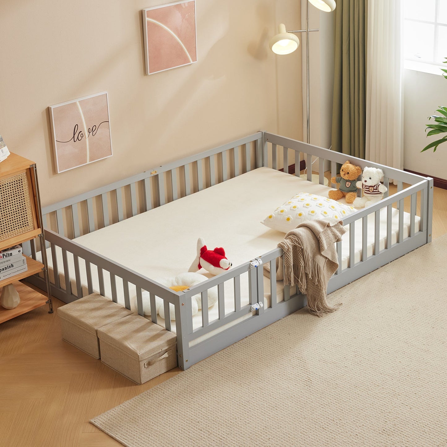 Gray painted pine wood playpen bed