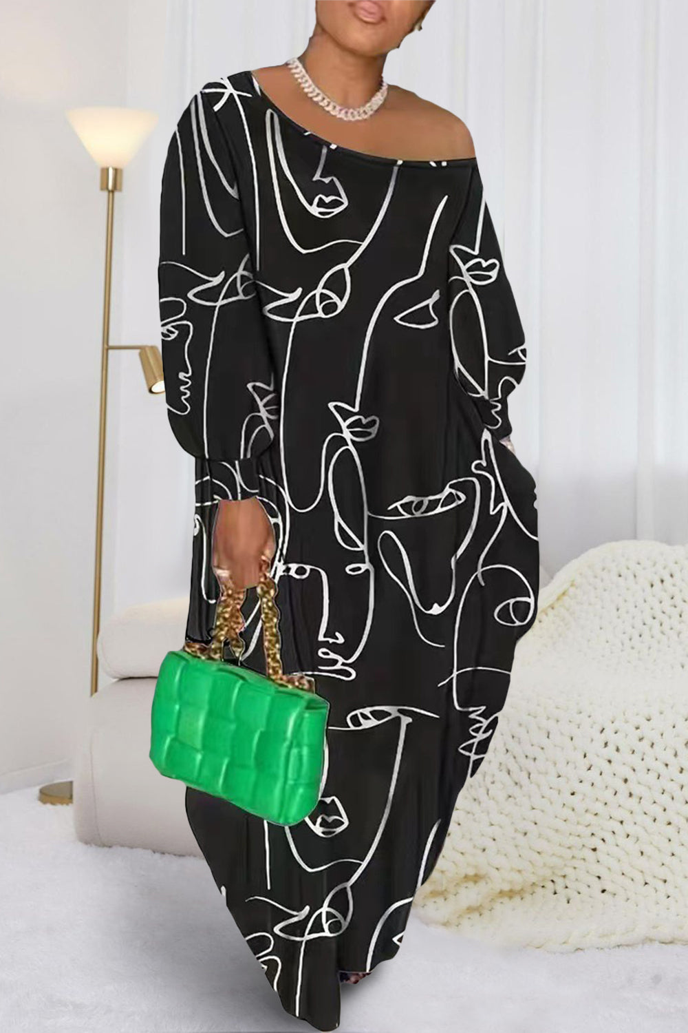 Printed Lantern Sleeve Maxi Dress