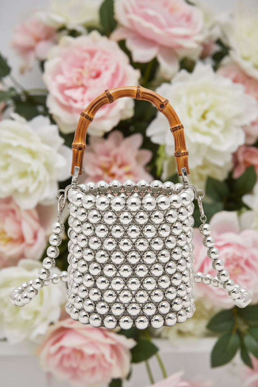 Bamboo Top Handle Beaded Bucket Clutch Bag