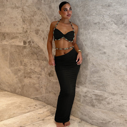Sleeveless neck hanging small suspender high waisted hip hugging skirt