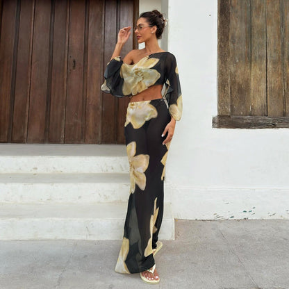 One shoulder crop top, high waisted drawstring printed long skirt