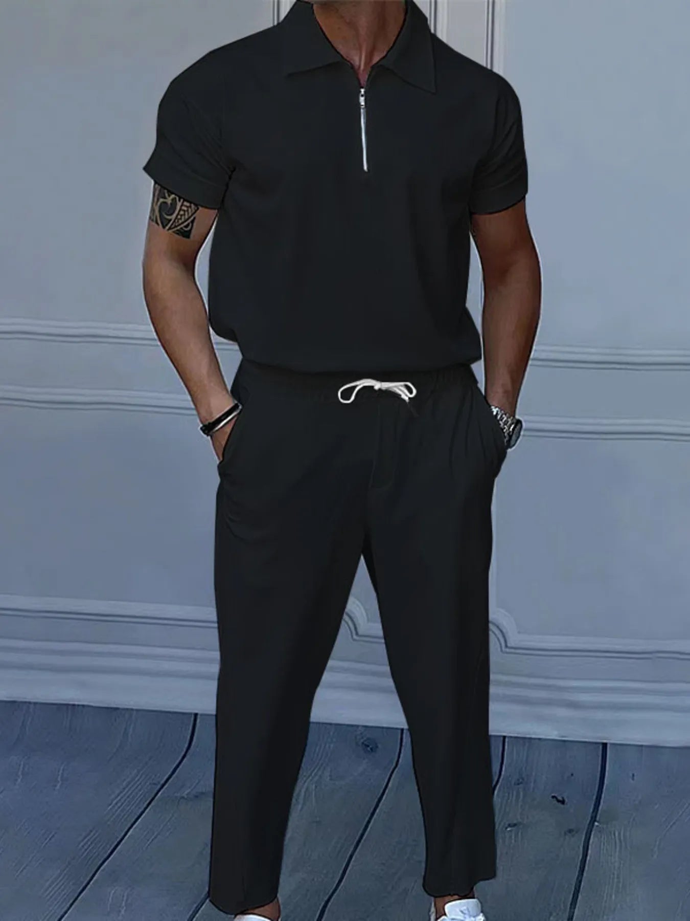 Men's Quarter Zip Short Sleeve Polo and Pants Set