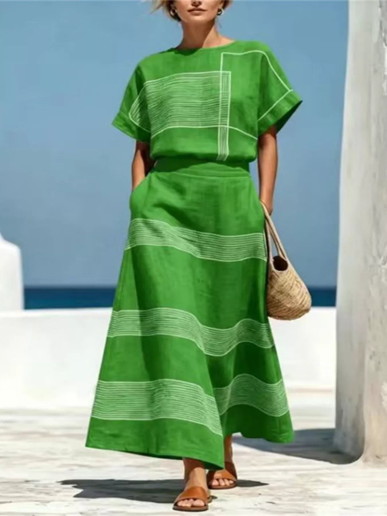Full Size Striped Round Neck Top and Skirt Set Plus Size