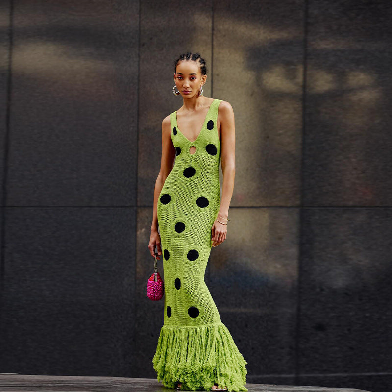 Polka Dot knitted dress with tassel suspender long skirt