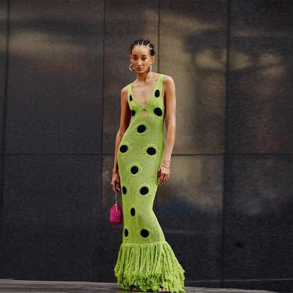 Polka Dot knitted dress with tassel suspender long skirt