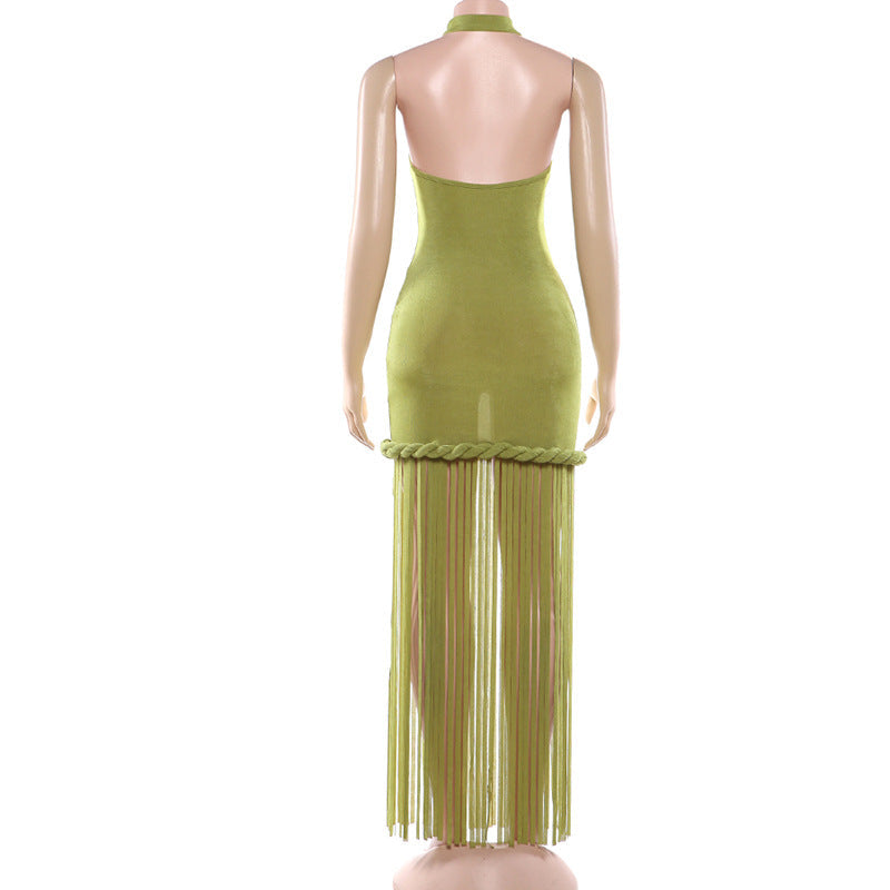 Tassel hanging neck backless solid color dress