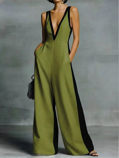 Deep V-Neck Wide-Leg Jumpsuit