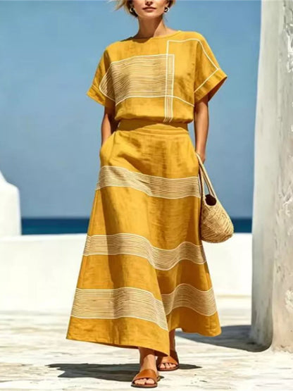 Full Size Striped Round Neck Top and Skirt Set Plus Size