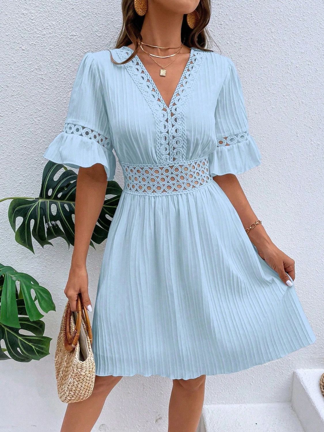 V-Neck Flounce Sleeve Mini Dress