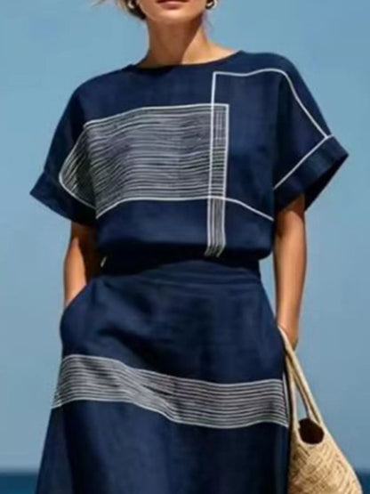 Full Size Striped Round Neck Top and Skirt Set Plus Size