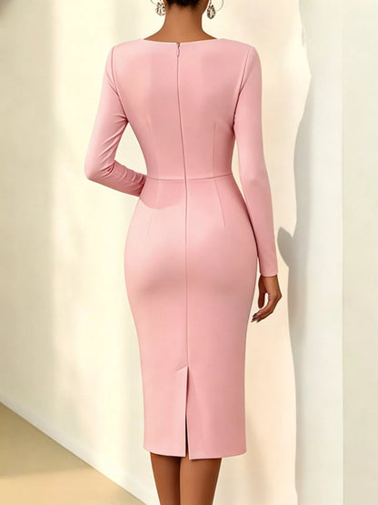 Rose Embellished Asymmetrical Neck Midi Dress