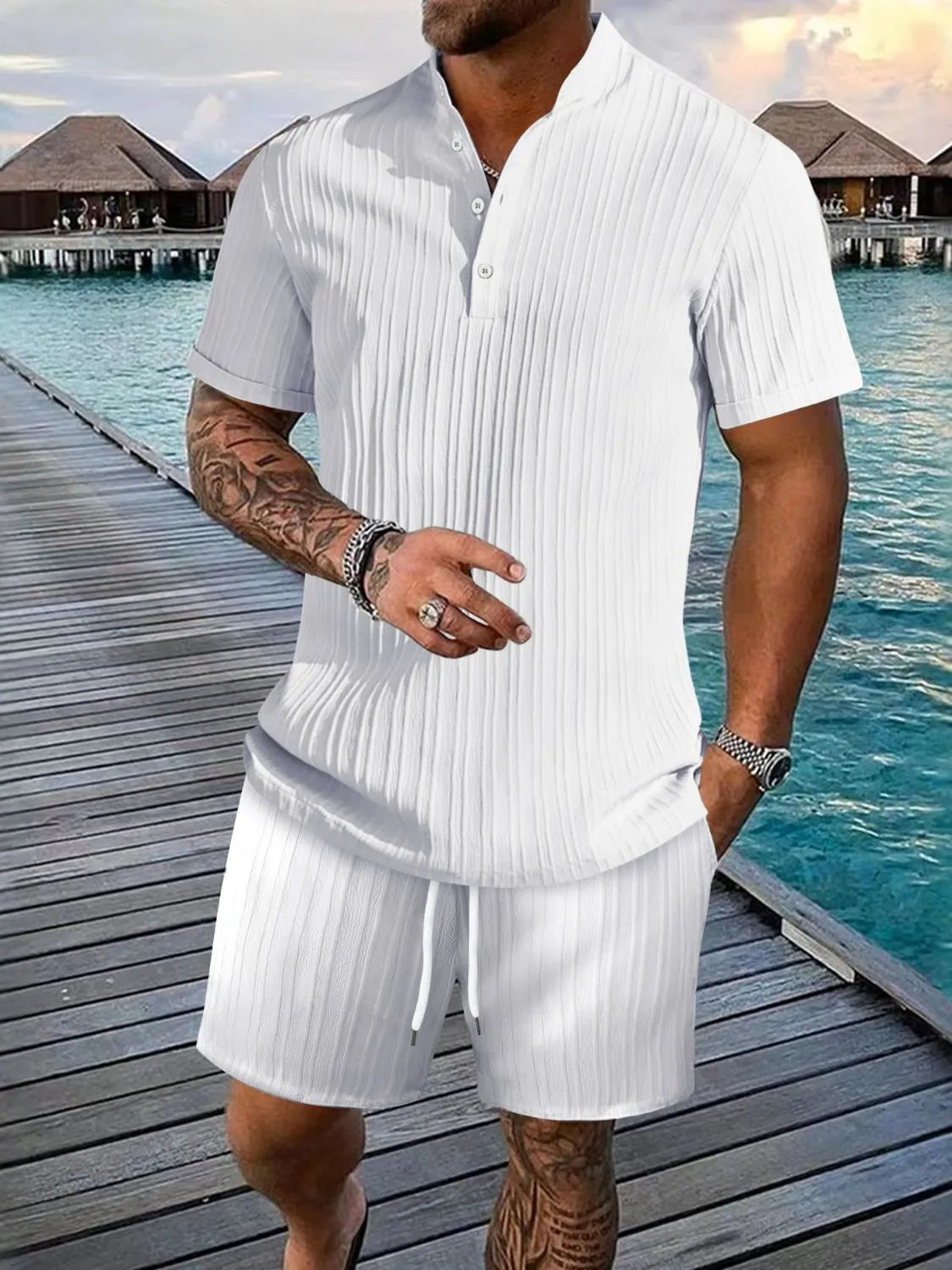 Men's Button Detail Short Sleeve Top and Shorts Set