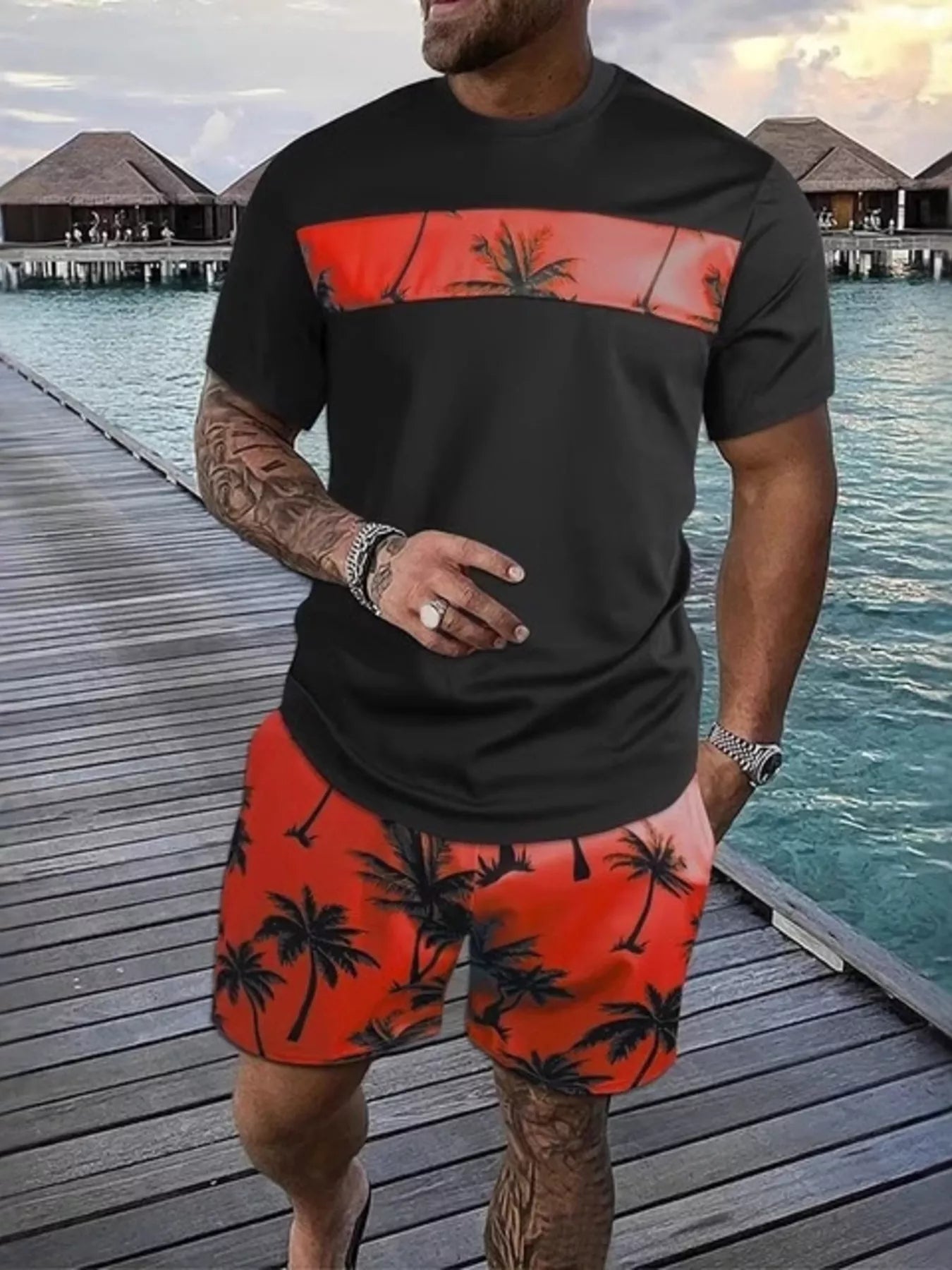 Men's Full Size Tropical Palm Tree Tee and Shorts Set Plus Size