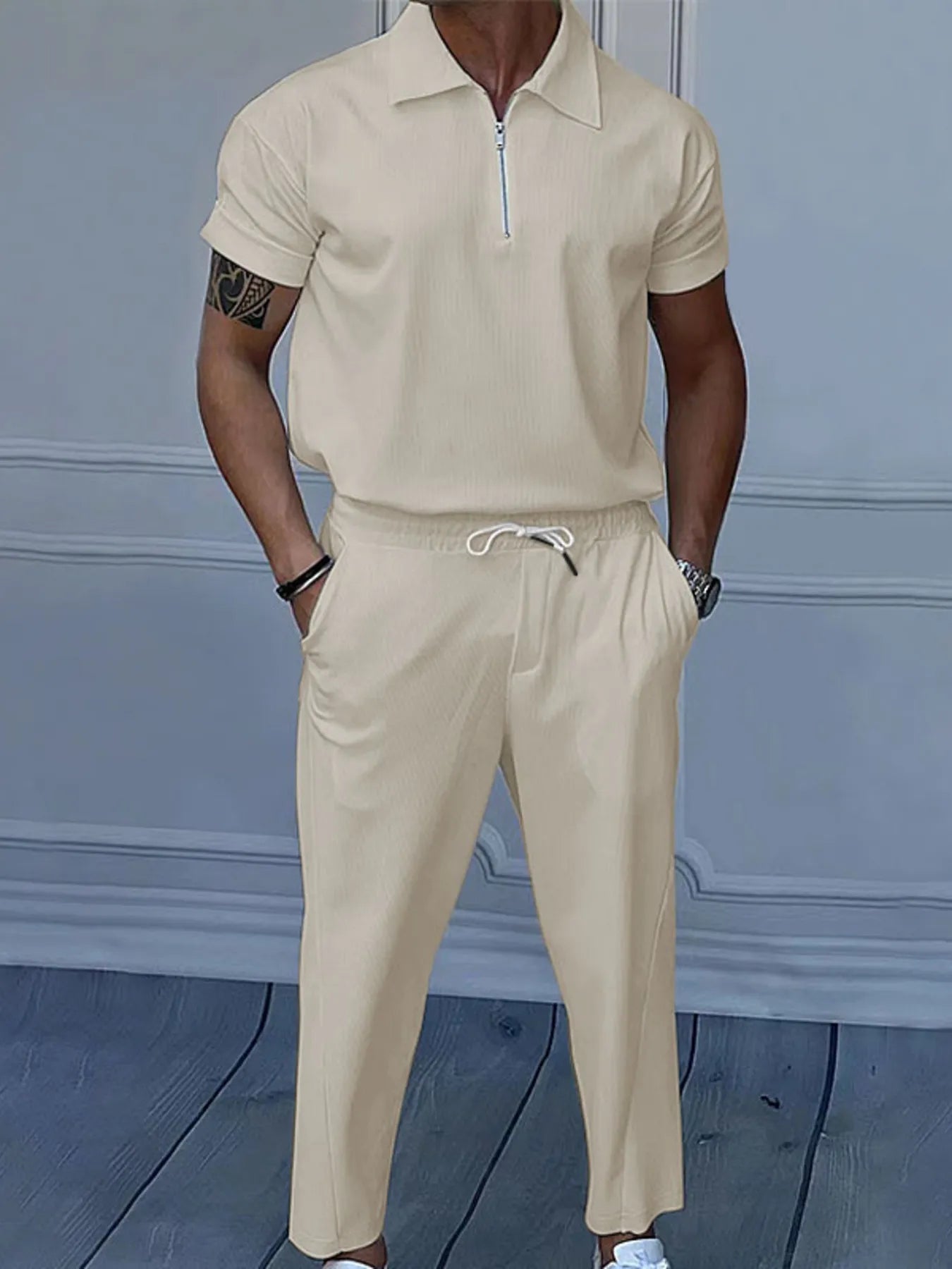 Men's Quarter Zip Short Sleeve Polo and Pants Set