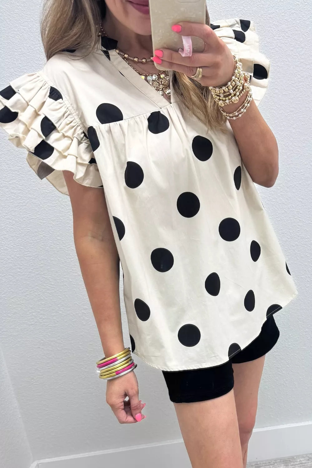 Casual Polka Dot V-Neck Short Sleeve Blouse