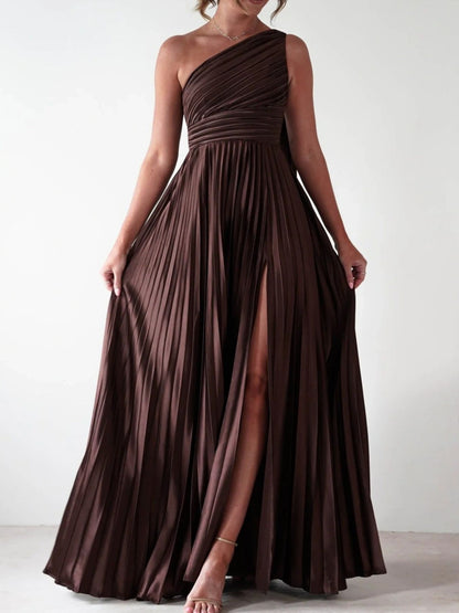 One-Shoulder Pleated Slit Dress