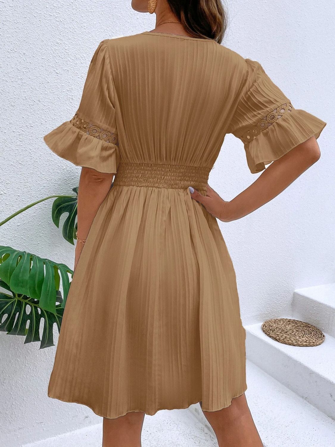 V-Neck Flounce Sleeve Mini Dress