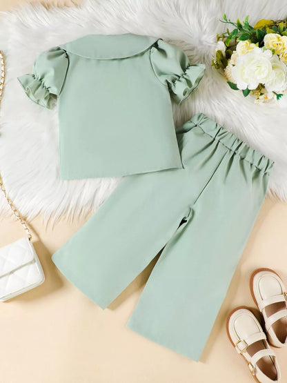 Children's Floral Decor Ruffle Trim Top & Pants Set