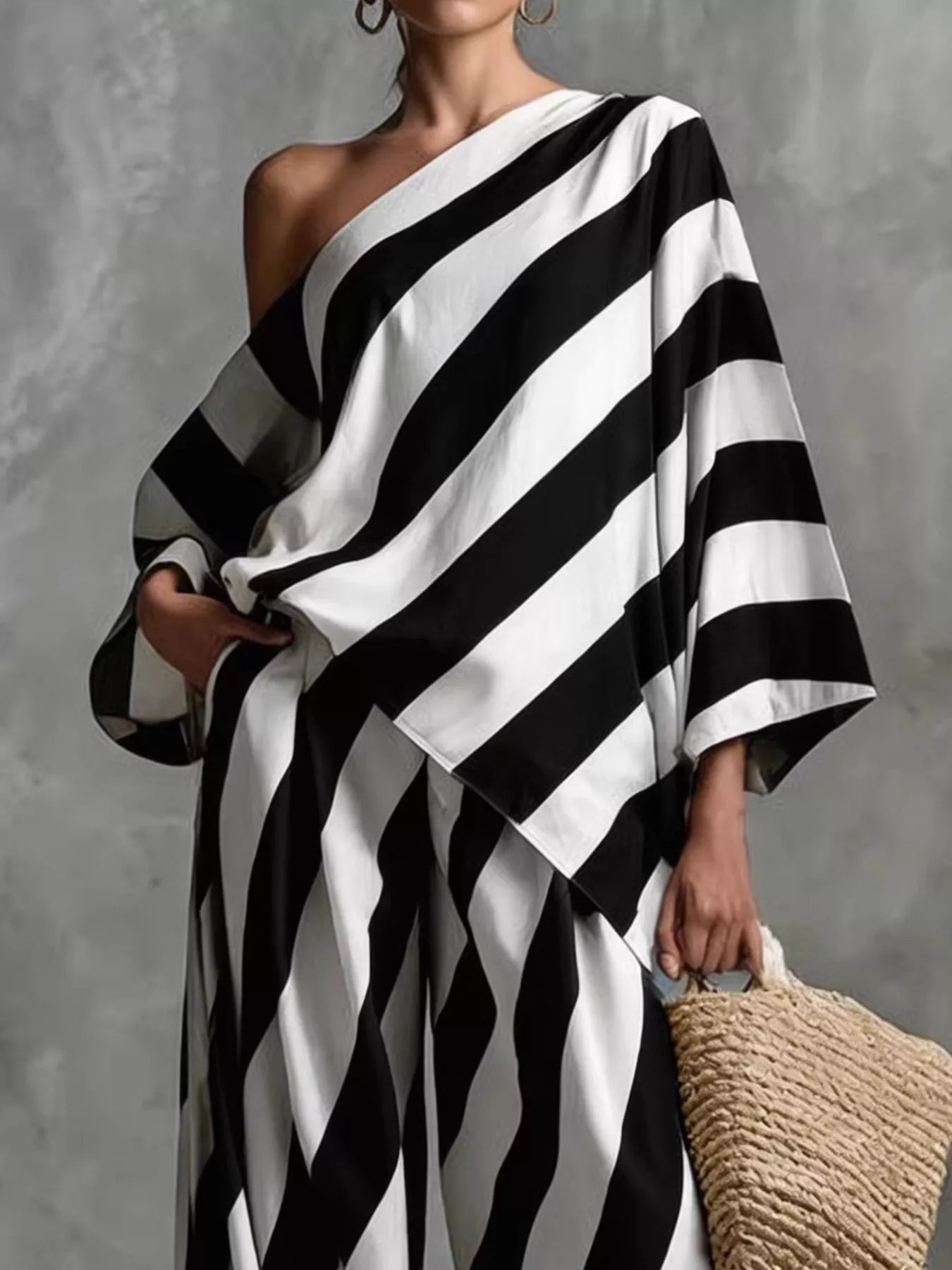 Full Size One-Shoulder Striped Top and Wide-Leg Pants Set Plus Size