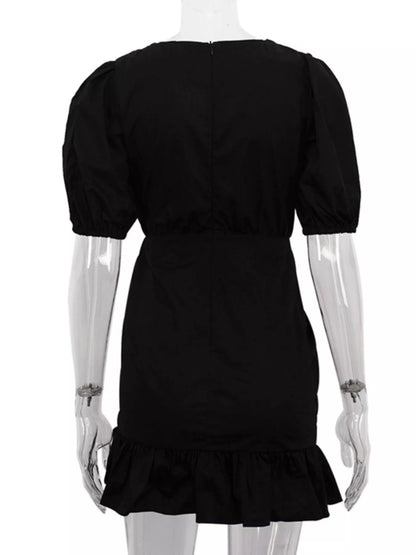 Ruffled Hem Ruched Puff Sleeve Mini Dress