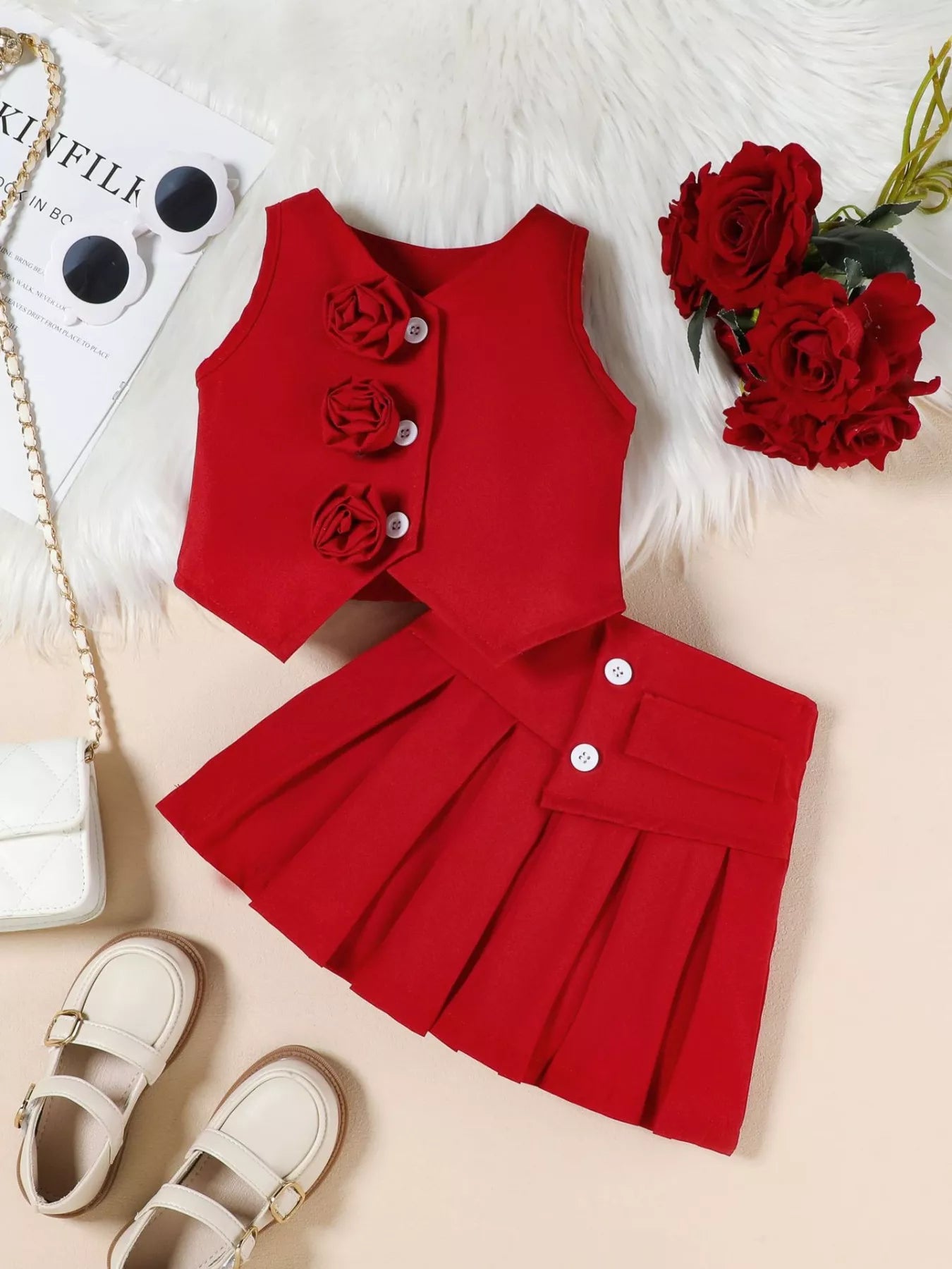 Children's Floral Decor Vest & Pleated Skirt Set