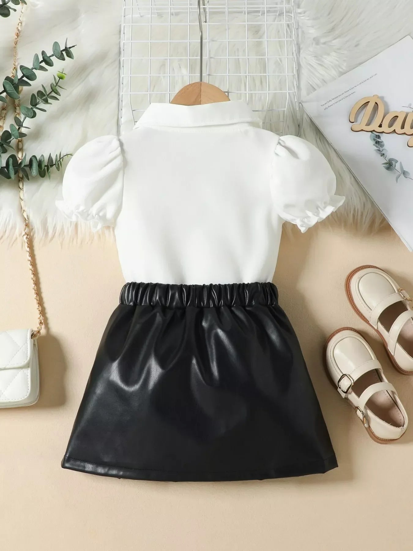 Children's Ruffle Trim Puff Sleeve Top & Pleated Skirt Set