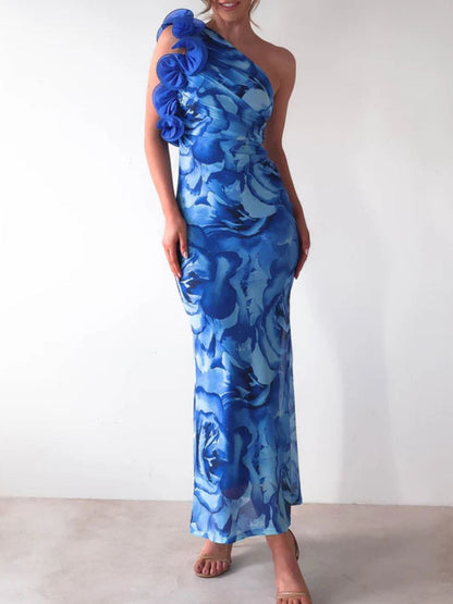 Floral Print One-Shoulder Dress