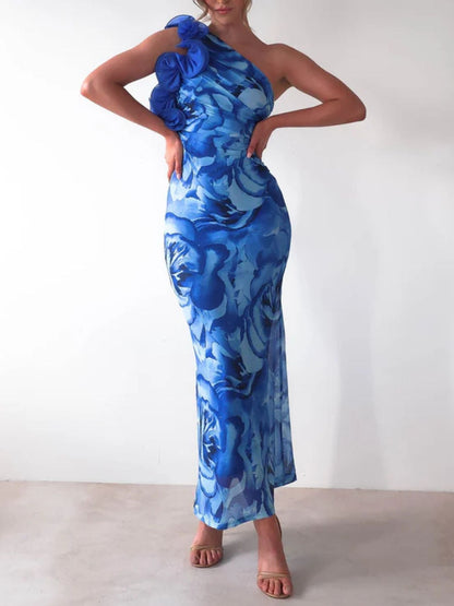 Floral Print One-Shoulder Dress