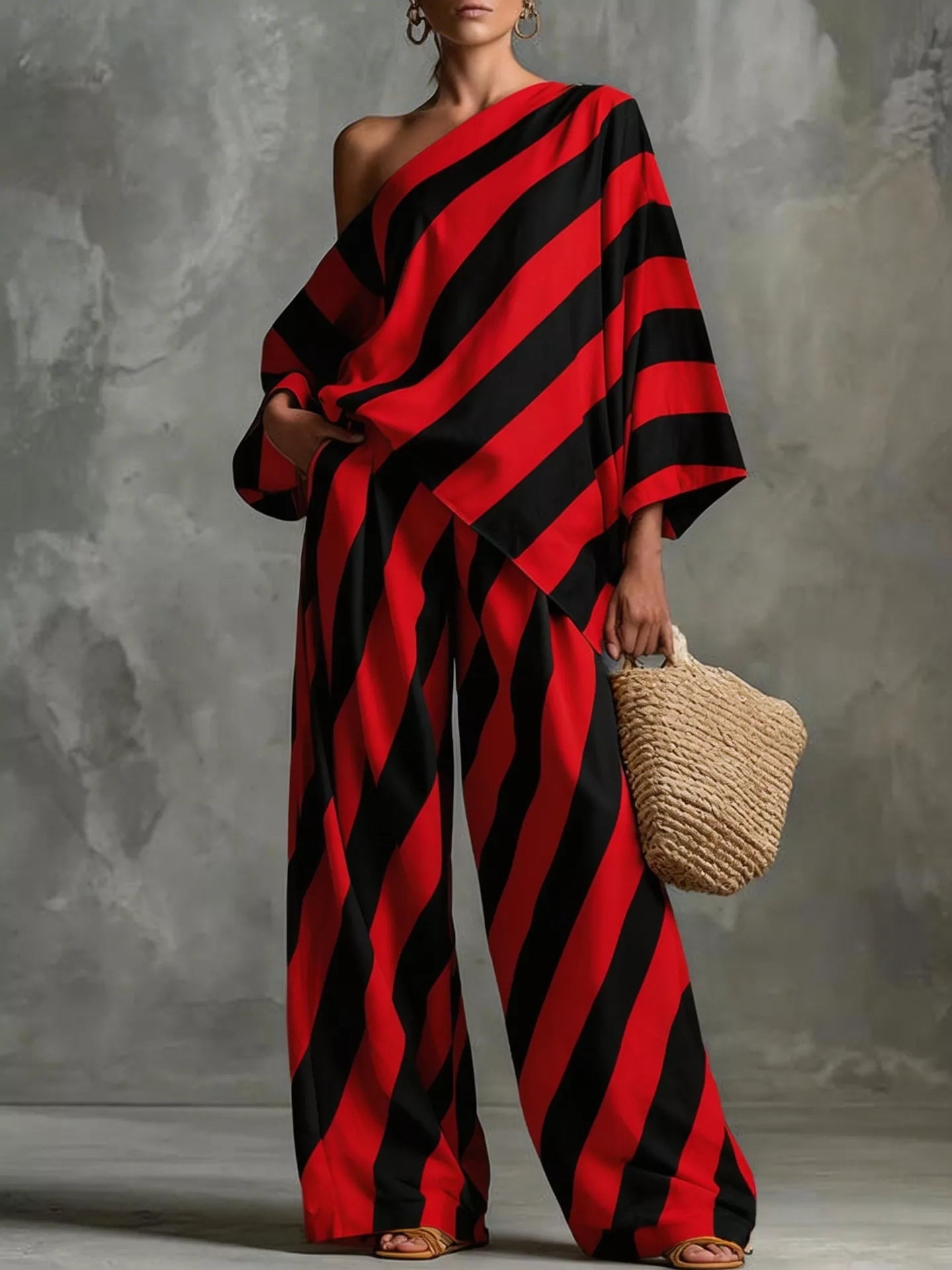Full Size One-Shoulder Striped Top and Wide-Leg Pants Set Plus Size